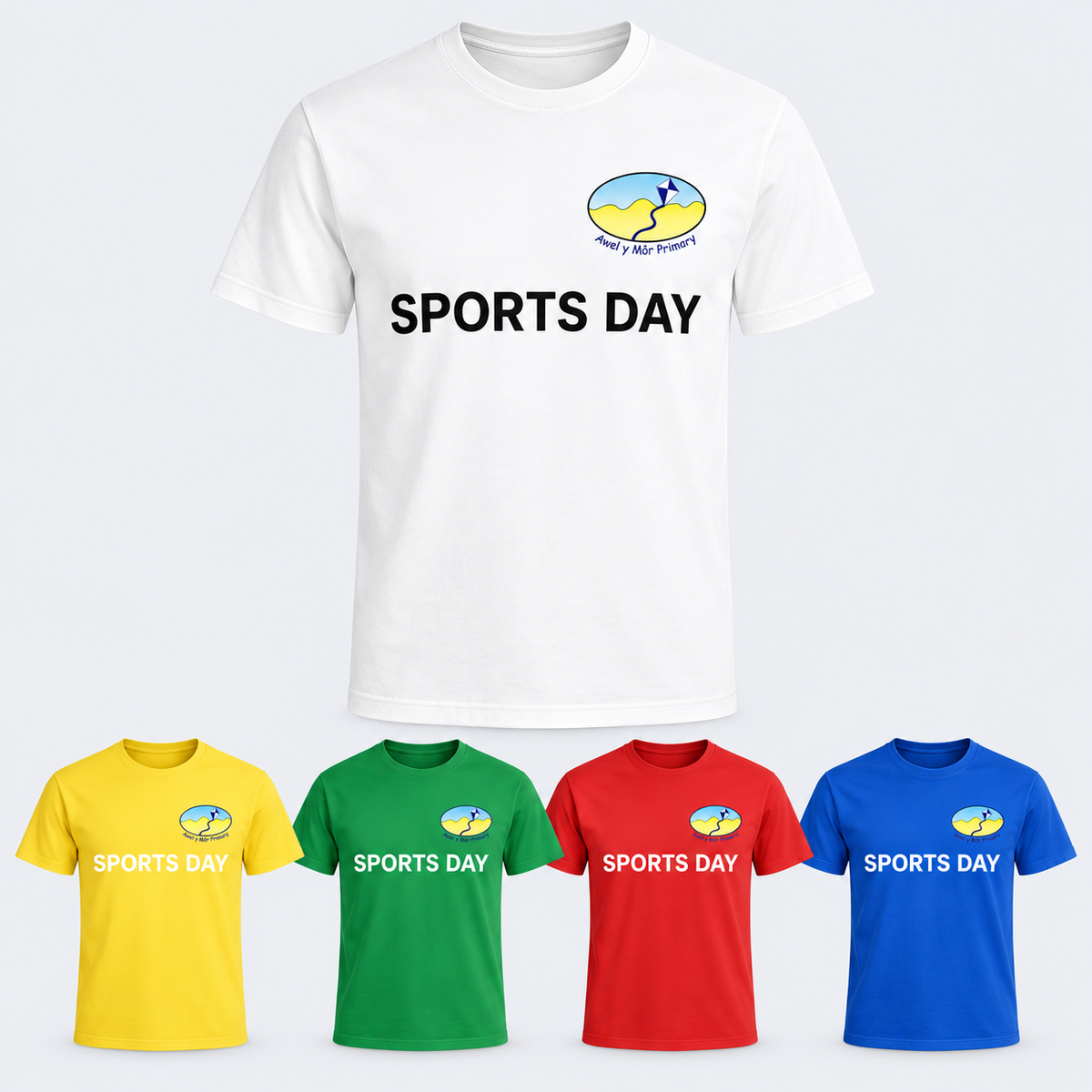 Awel y Môr Sports Day T-shirt five colours, black lettering on white T-shirt and white lettering on yellow green red and blue T-shirts