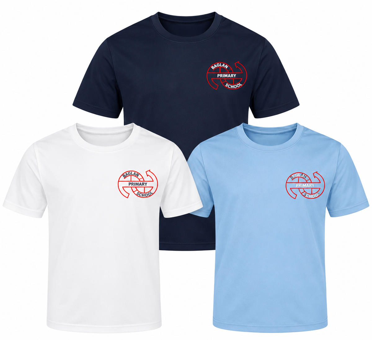 Baglan Primary School PE T-shirts in French navy, white and sky blue with the Baglan crest on chest