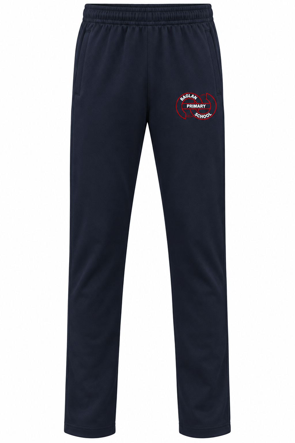 Navy Baglan Primary School PE tracksuit trousers with red and white crest mock-up