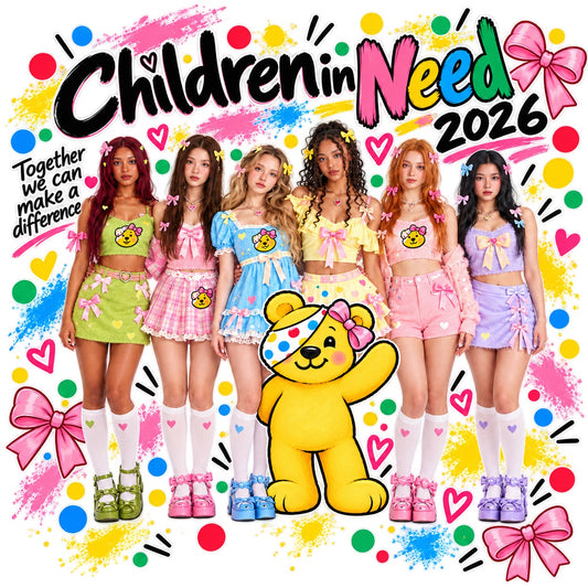 Colourful girl group and bear Children in Need 2026 T-shirt design