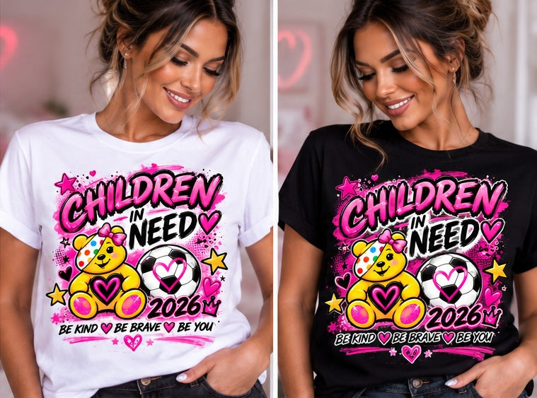 Adult white and black T-shirt mock-ups with Children in Need 2026 pink football bear graphic