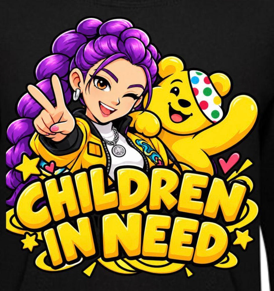 Purple-haired character and yellow bear Children in Need T-shirt design on dark background