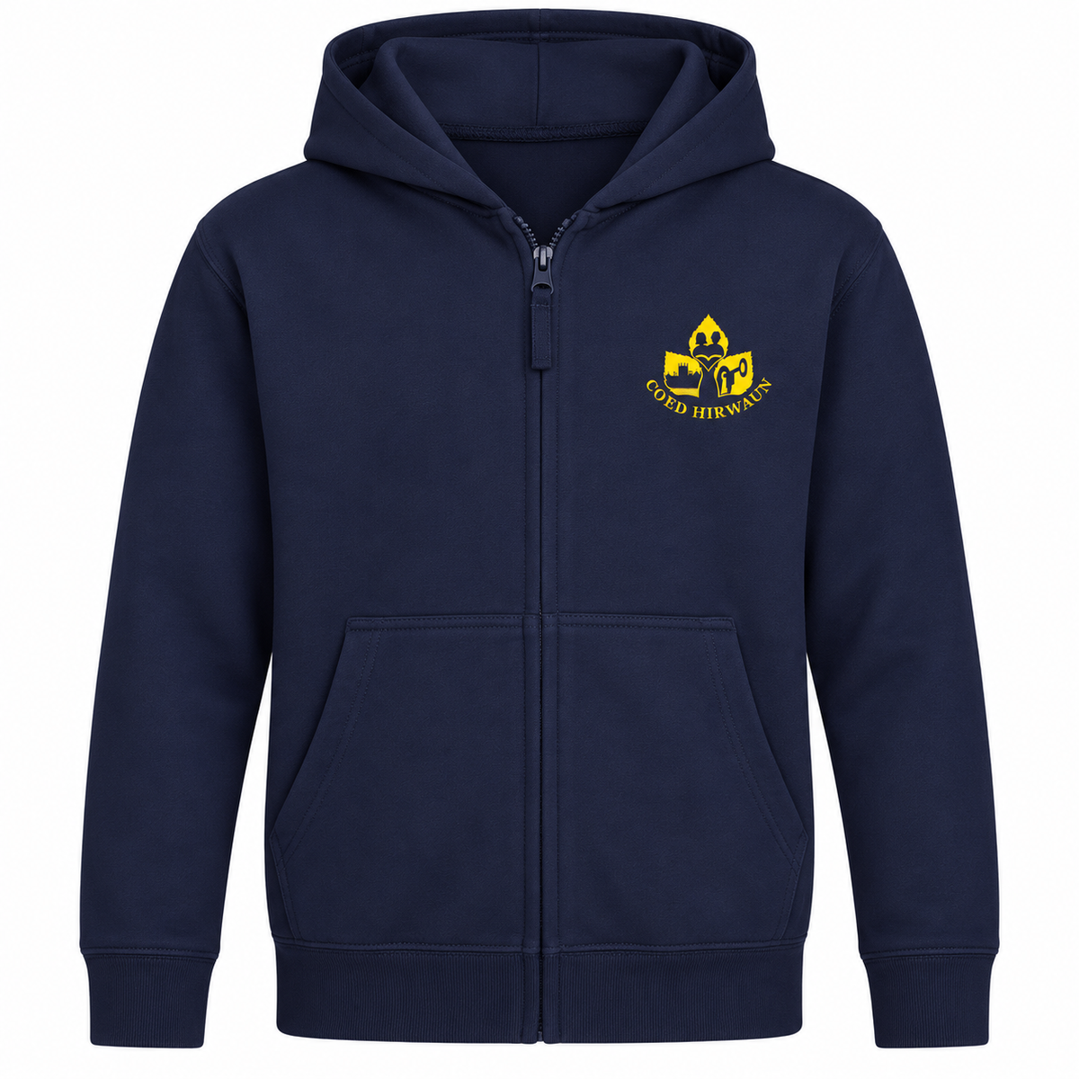Coed Hirwaun navy school zip hoodie with small gold school crest