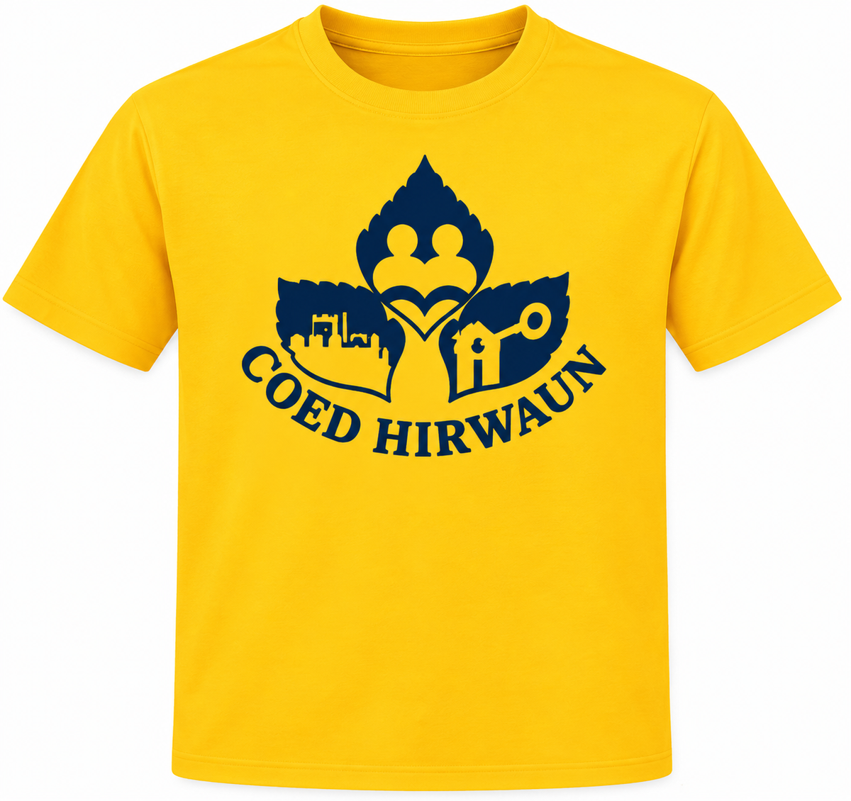 Coed Hirwaun Sun Yellow PE sports T-shirt with large navy logo across the front