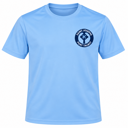 Sky Blue AWDis Cool PE T-shirt with navy St Josephs school crest, mock-up