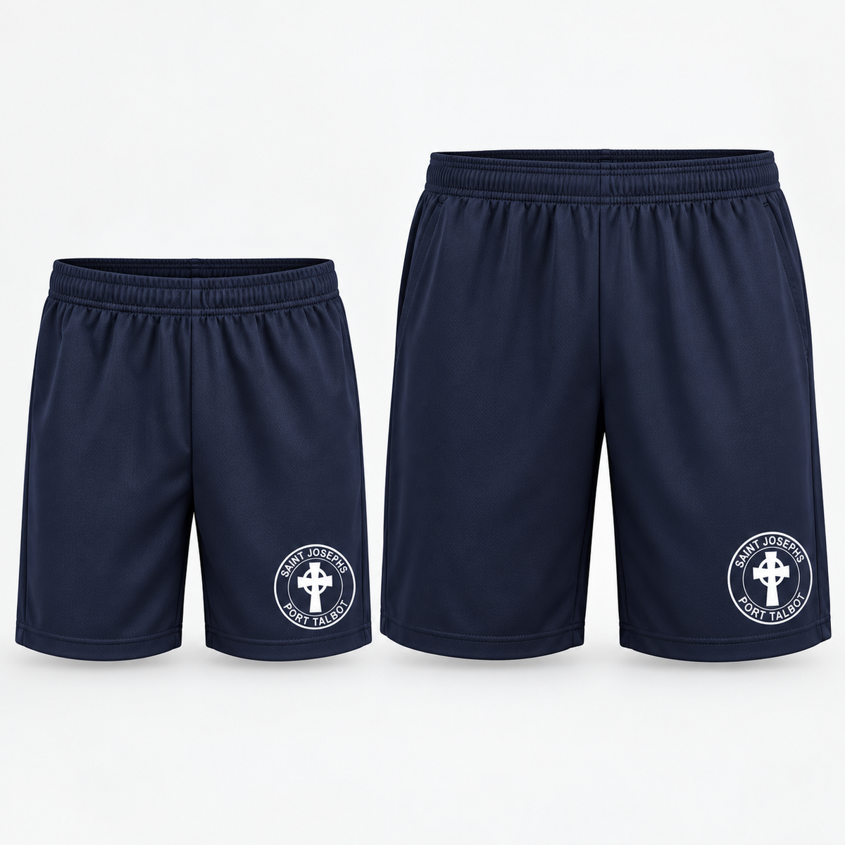 Navy school PE shorts with white Saint Josephs Port Talbot crest, children's and adults mock-up