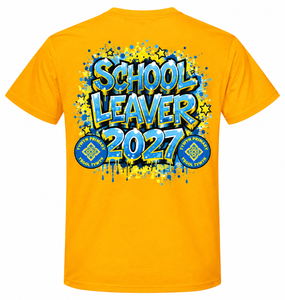 Gold Tywyn Primary School 2027 School Leavers T-shirt, back print, standalone garment mockup