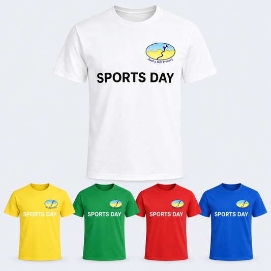 Awel y Môr Sports Day T-shirt five colours, black lettering on white T-shirt and white lettering on yellow green red and blue T-shirts