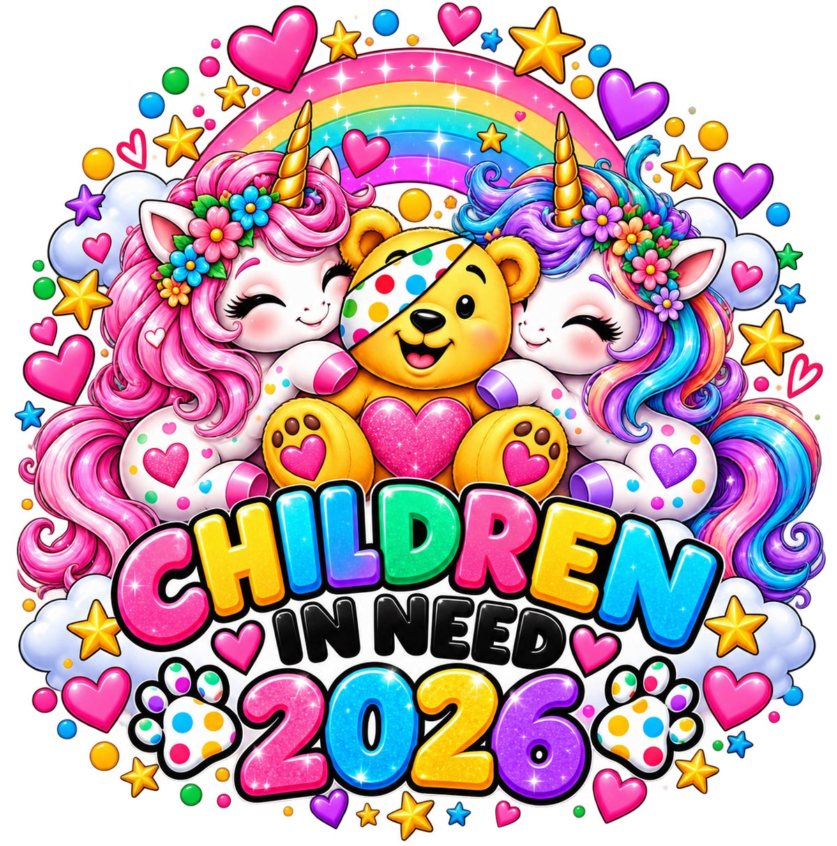 Full colourful unicorn and bear design, Children in Need 2026