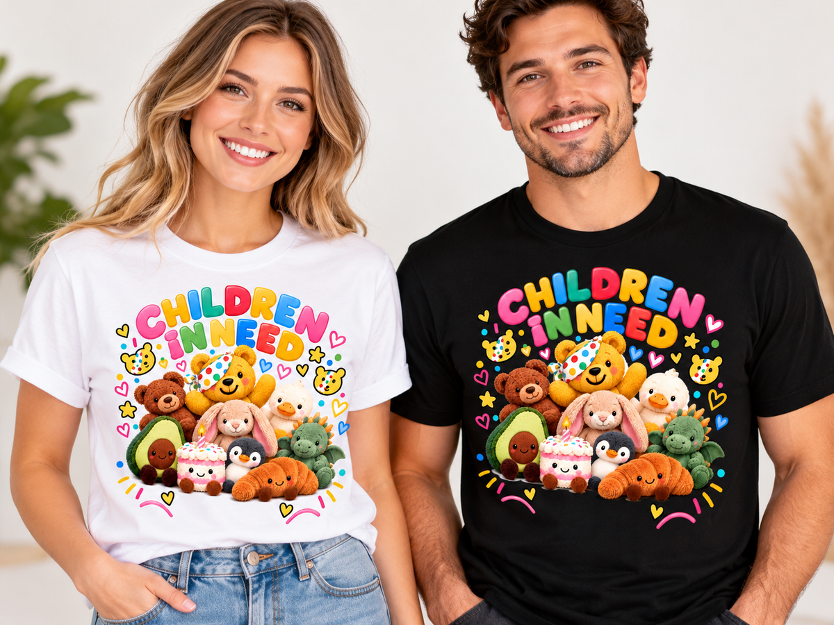 Adults modelling white and black Children in Need 2026 Cuddly Toy Friends T-shirts (illustrative mock-ups)
