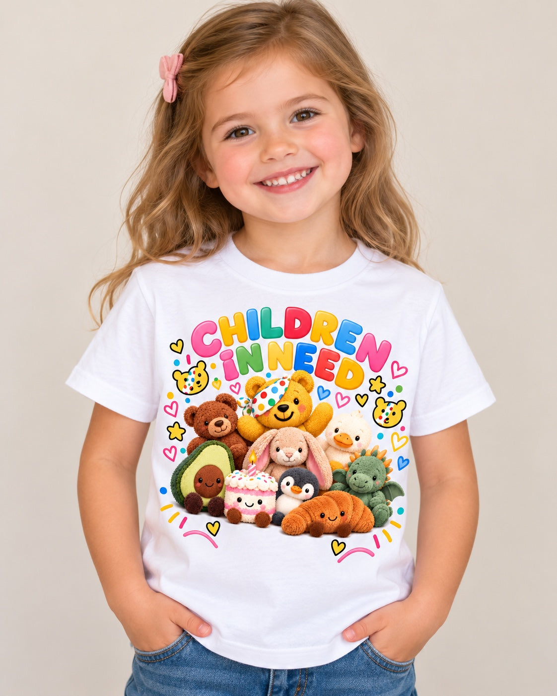 Girl modelling the Cuddly Toy Friends print on a white T-shirt