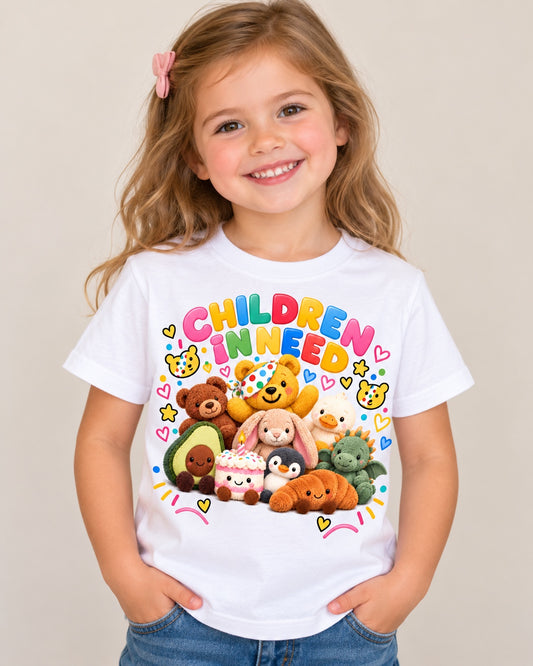 Girl modelling the Cuddly Toy Friends print on a white T-shirt