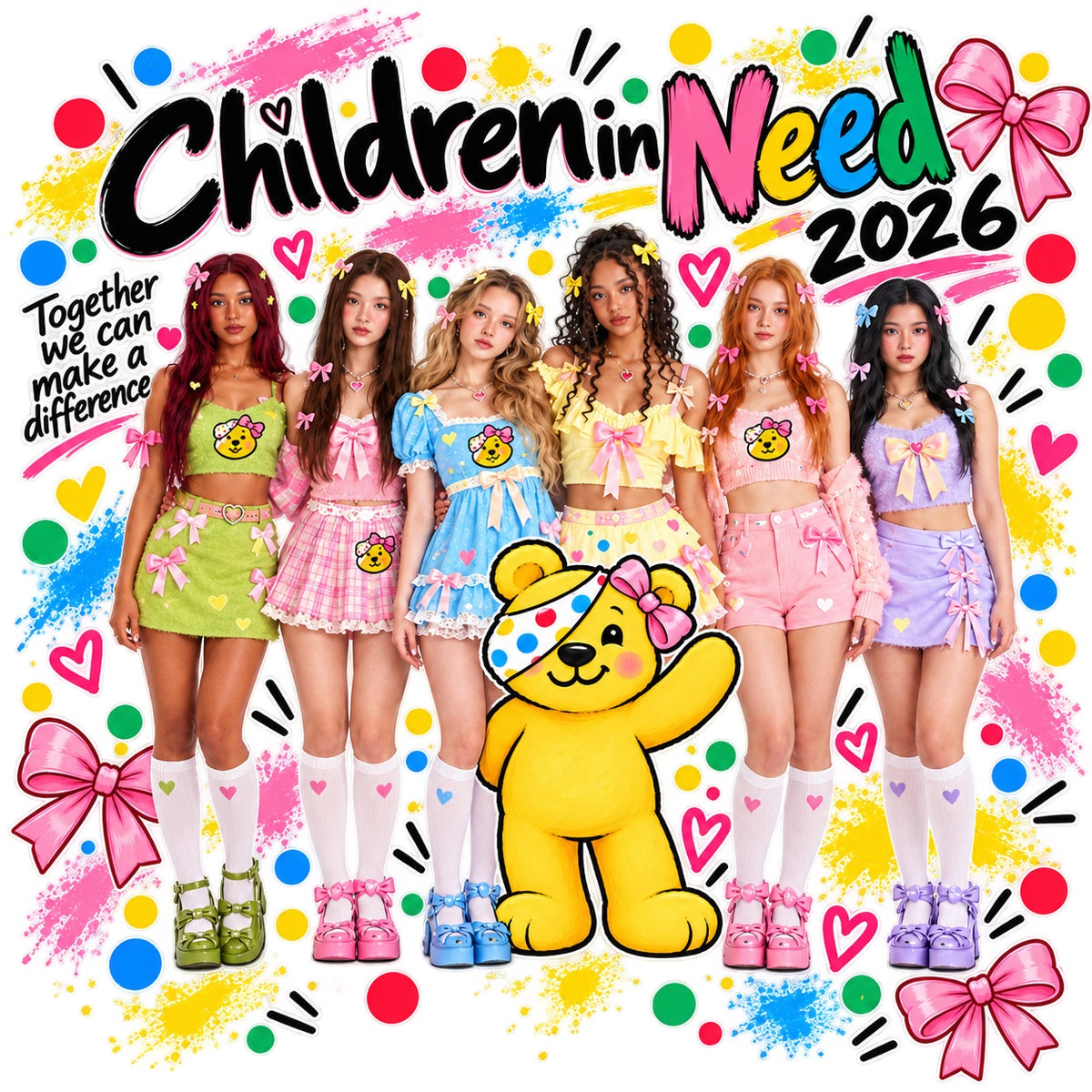 Colourful girl group and bear Children in Need 2026 T-shirt design