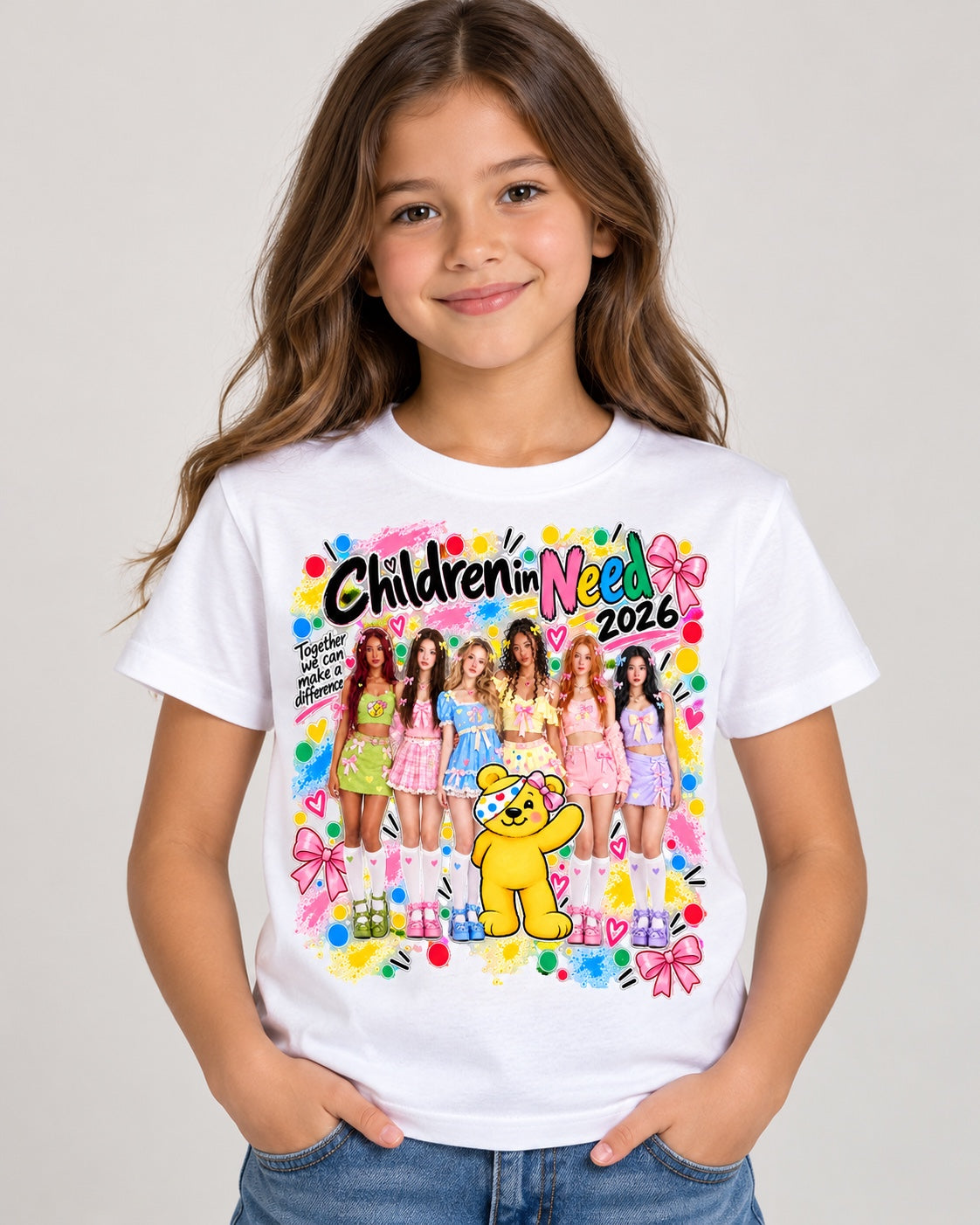 Girl modelling this colourful printed T-shirt