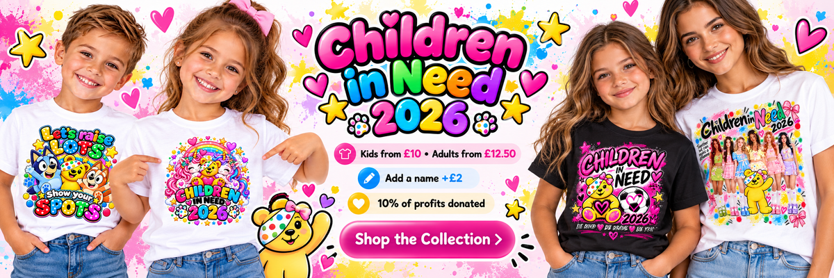 Children in Need 2026 T-shirts promotional banner: kids from £10, adults from £12.50, optional name £2, 10% of profits donated, shop the collection