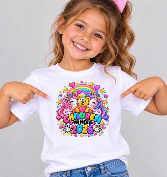 Child modelling printed Children in Need 2026 white T-shirt