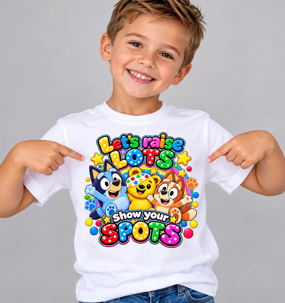 Boy wearing white Let's Raise Lots T-shirt to show scale of design