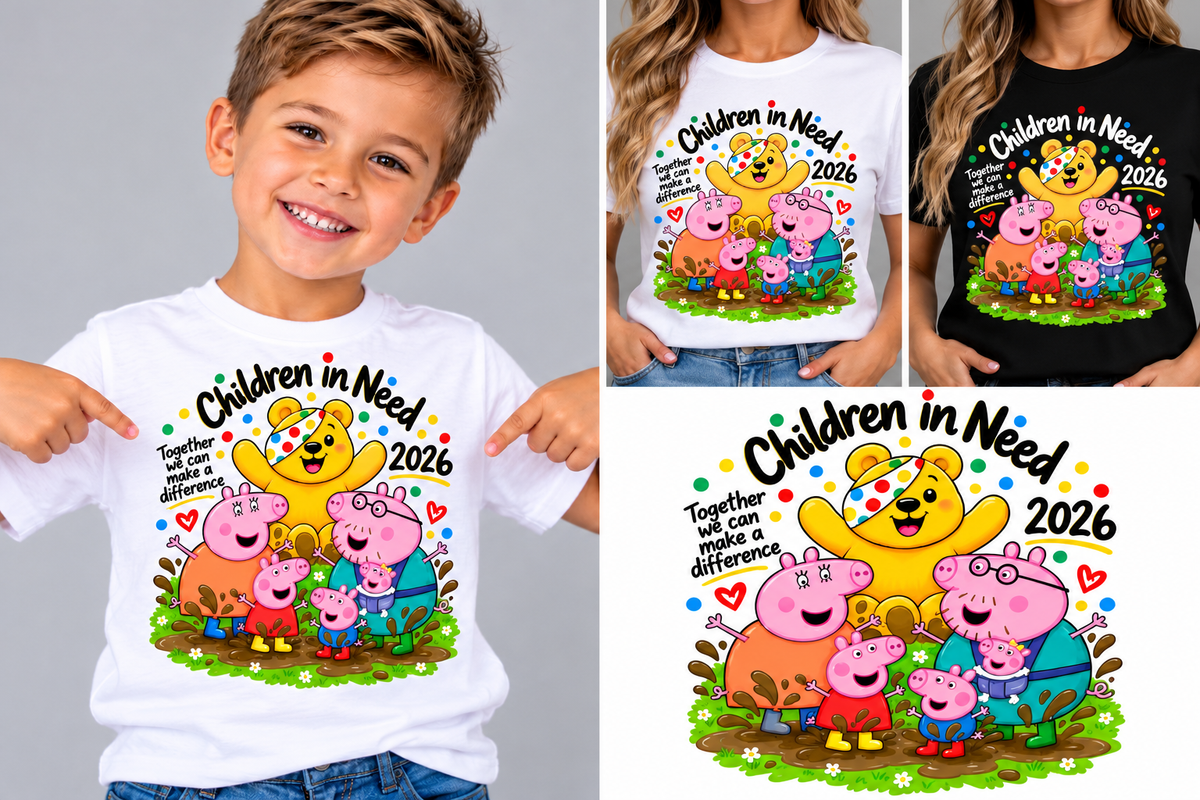Illustrative white and black adult T-shirt mock-up showing Children in Need pig family and yellow bear graphic