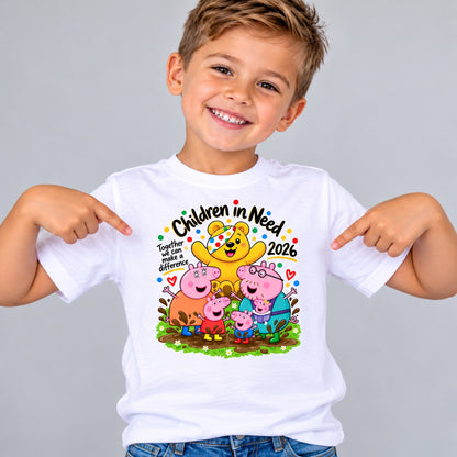 Original white T-shirt photo showing the pig family and spotted yellow bear design