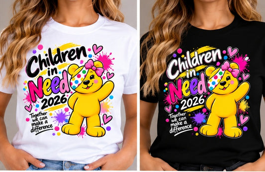 Adult models wearing white and black Pink Bow Bear Children in Need 2026 T-shirts