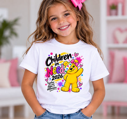 Child modelling the white T-shirt showing the Pink Bow Bear print