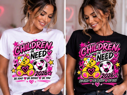 Adult white and black T-shirt mock-ups with Children in Need 2026 pink football bear graphic