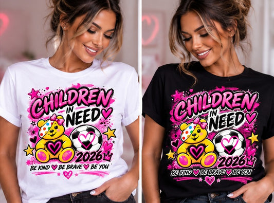 Adult white and black T-shirt mock-ups with Children in Need 2026 pink football bear graphic