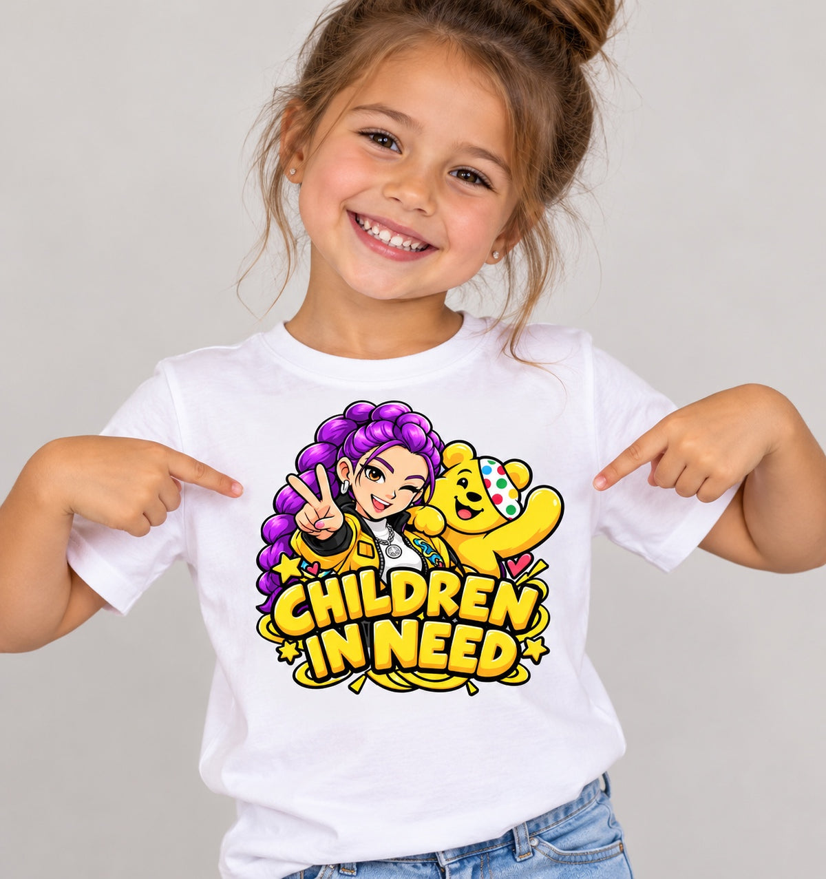 White shirt print placement example on a child, adult shirt uses same artwork