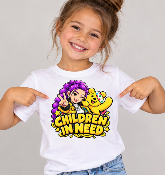 White shirt print placement example on a child, adult shirt uses same artwork