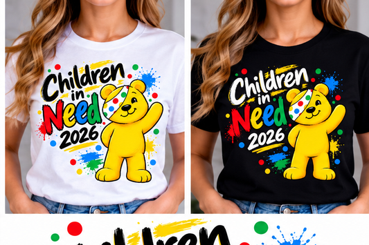 Adult mock-ups of white and black Colourful Waving Bear Children in Need T-shirts