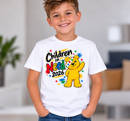 Original child white T-shirt print placement photo of colourful bear design