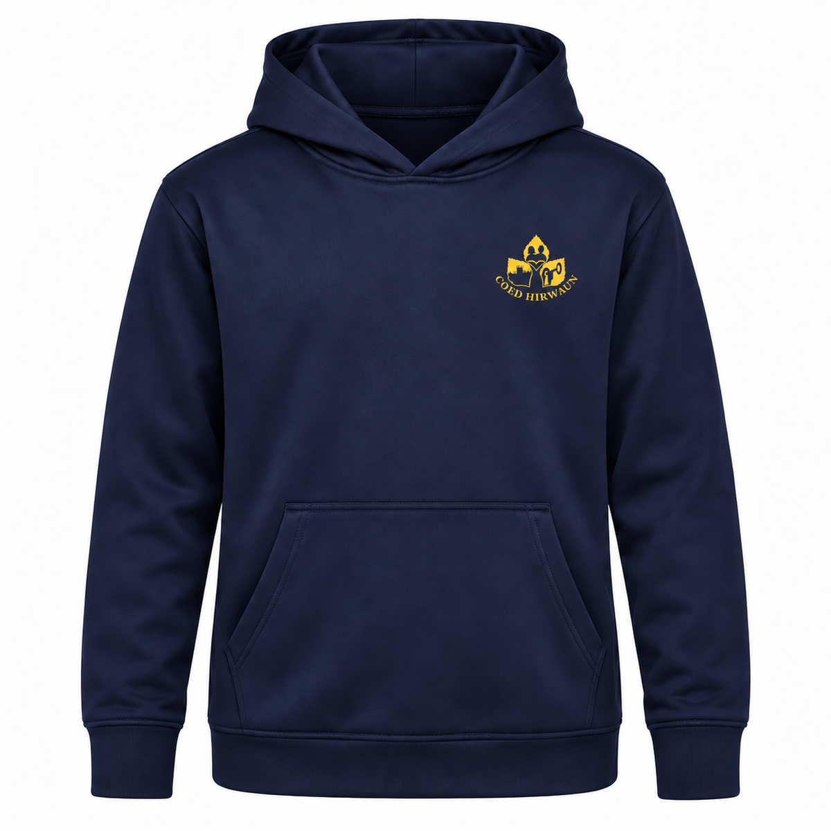 Coed Hirwaun navy polyester sports hoodie with small gold crest