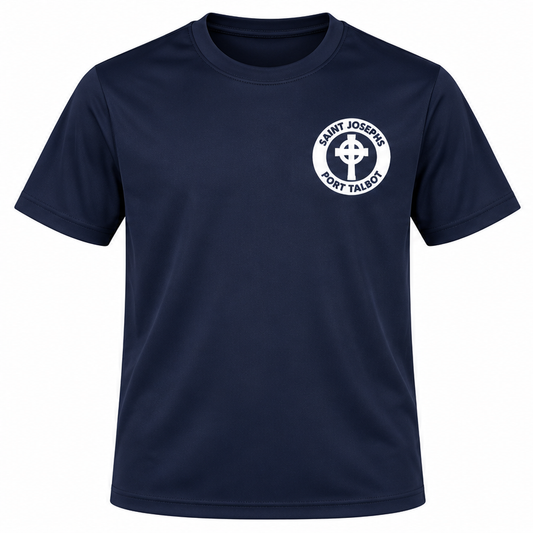 French Navy AWDis Cool PE T-shirt with white St Josephs school crest, mock-up