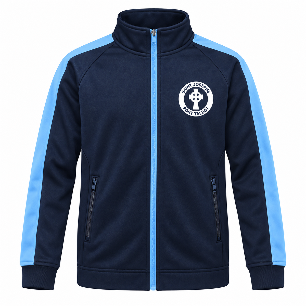 St Josephs Juniors full zip navy and light blue school PE top with white crest, product mock-up
