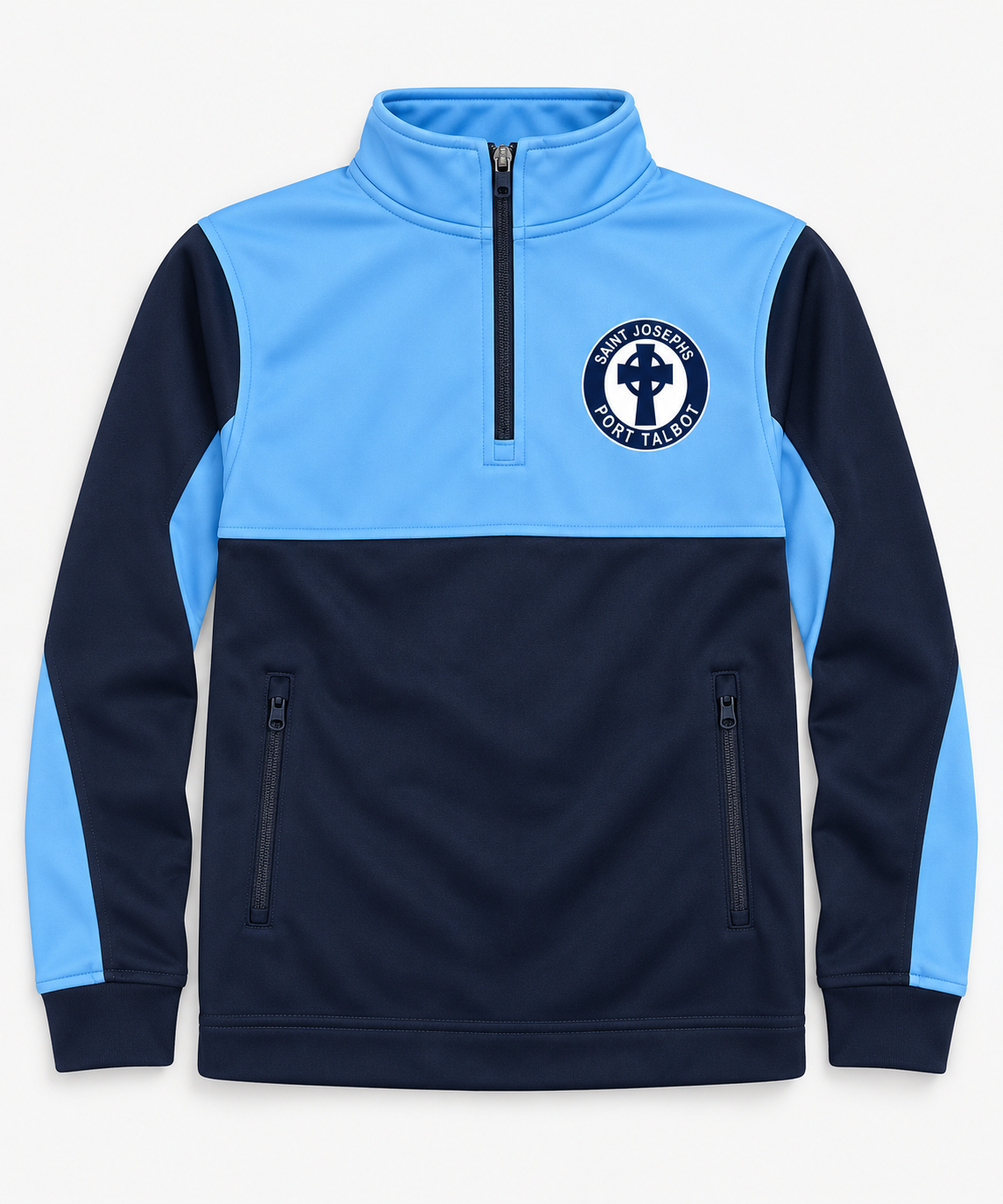 St Josephs Juniors navy and sky blue PE quarter zip with navy and white school crest on chest, mock-up