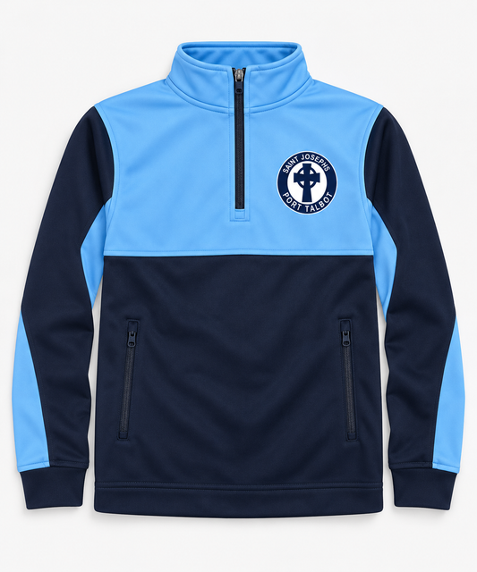 St Josephs Juniors navy and sky blue PE quarter zip with navy and white school crest on chest, mock-up