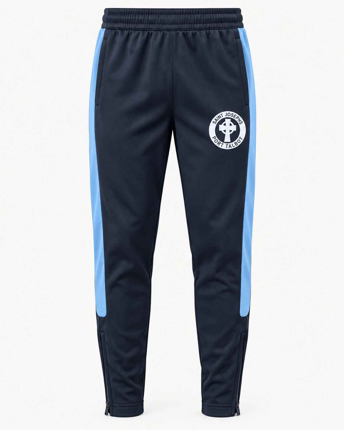 St Josephs Juniors navy and sky blue stripe PE tracksuit bottoms with white school crest, mock-up