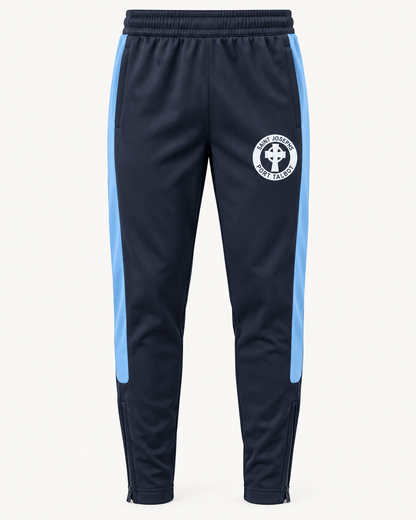 St Josephs Juniors navy and sky blue stripe PE tracksuit bottoms with white school crest, mock-up