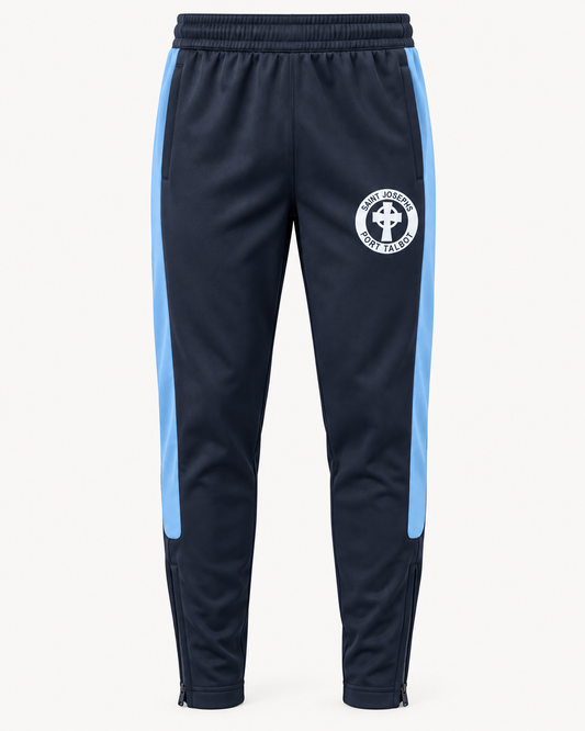 St Josephs Juniors navy and sky blue stripe PE tracksuit bottoms with white school crest, mock-up
