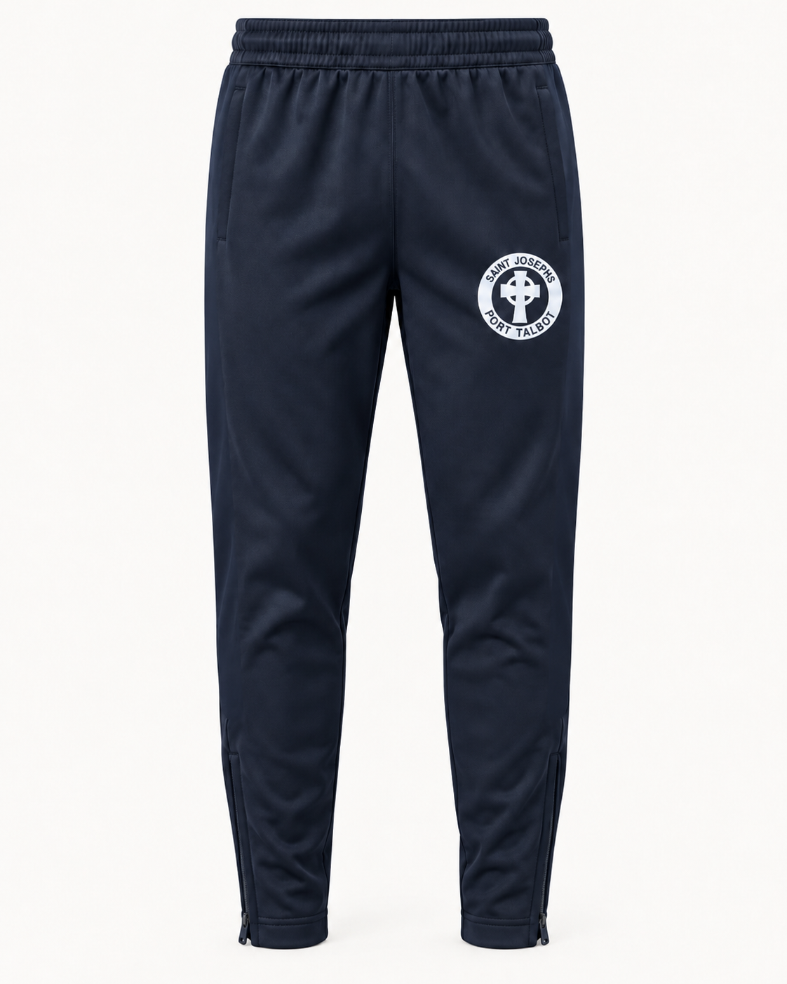 St Josephs Juniors plain navy PE tracksuit bottoms with white school crest, mock-up
