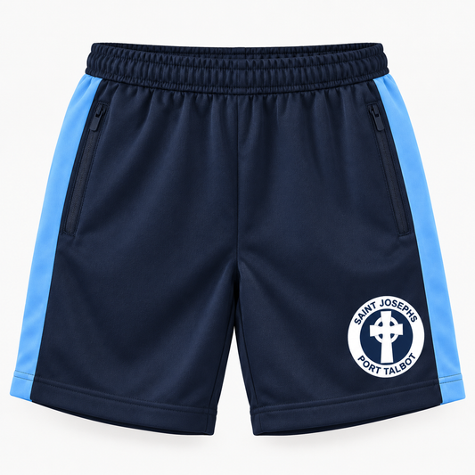 Navy and sky blue St Josephs Juniors school PE shorts with white school crest on right leg (mock-up)