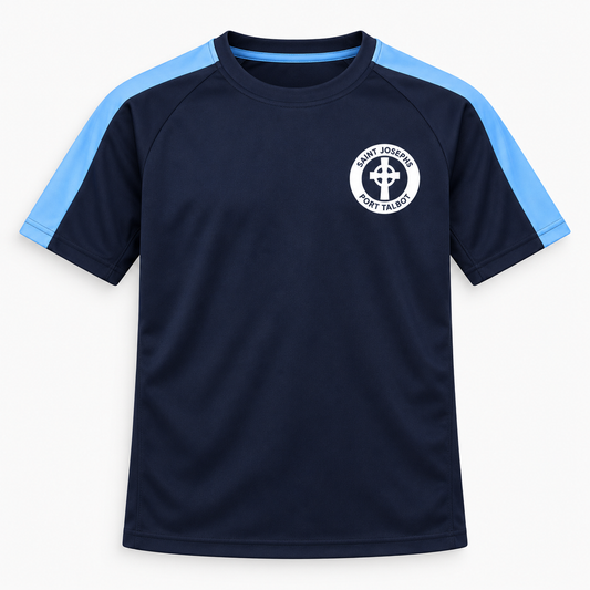 St Josephs Juniors navy and sky blue PE team T-shirt with white school crest on chest, product mock-up