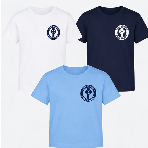 Illustrative guide of St Josephs Juniors standard T-shirt colour options: white with navy crest, sky blue with navy crest and French navy with white crest