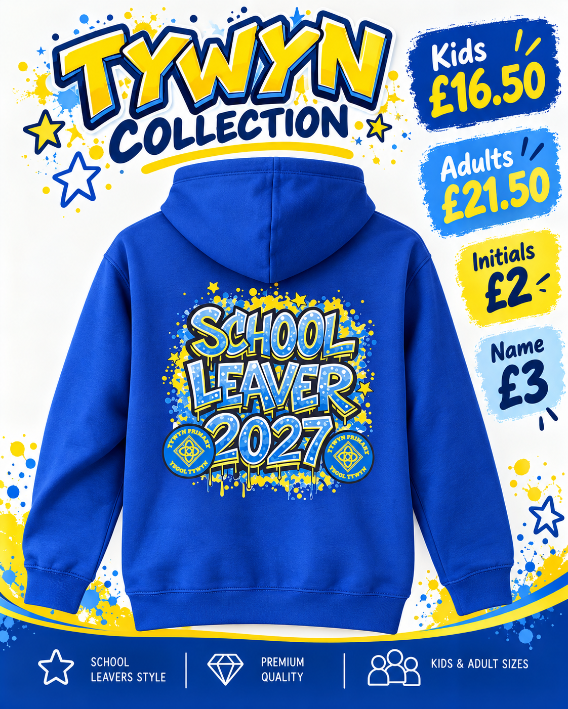 Tywyn 2027 School Leavers royal blue hoodie back view – child and adult sizes, optional initials and name