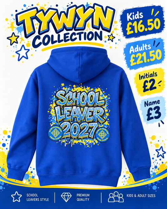 Tywyn 2027 School Leavers royal blue hoodie back view – child and adult sizes, optional initials and name